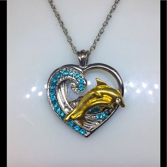 Unique Gold Dolphin Jumping Thru A Wave In Side Of A ❤️ Pendant Silver  Necklace - Picture 1 of 4